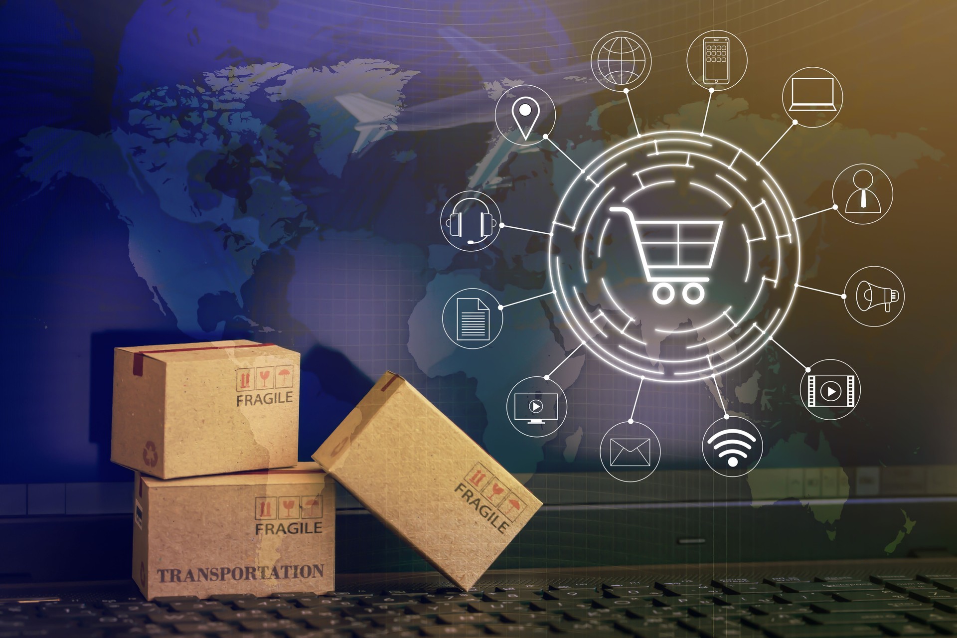 Shopping online, e-commerce concept: Cardboard boxes with icon customer network connection on keyboard. depicts of transportation that can be done easily using an online internet.